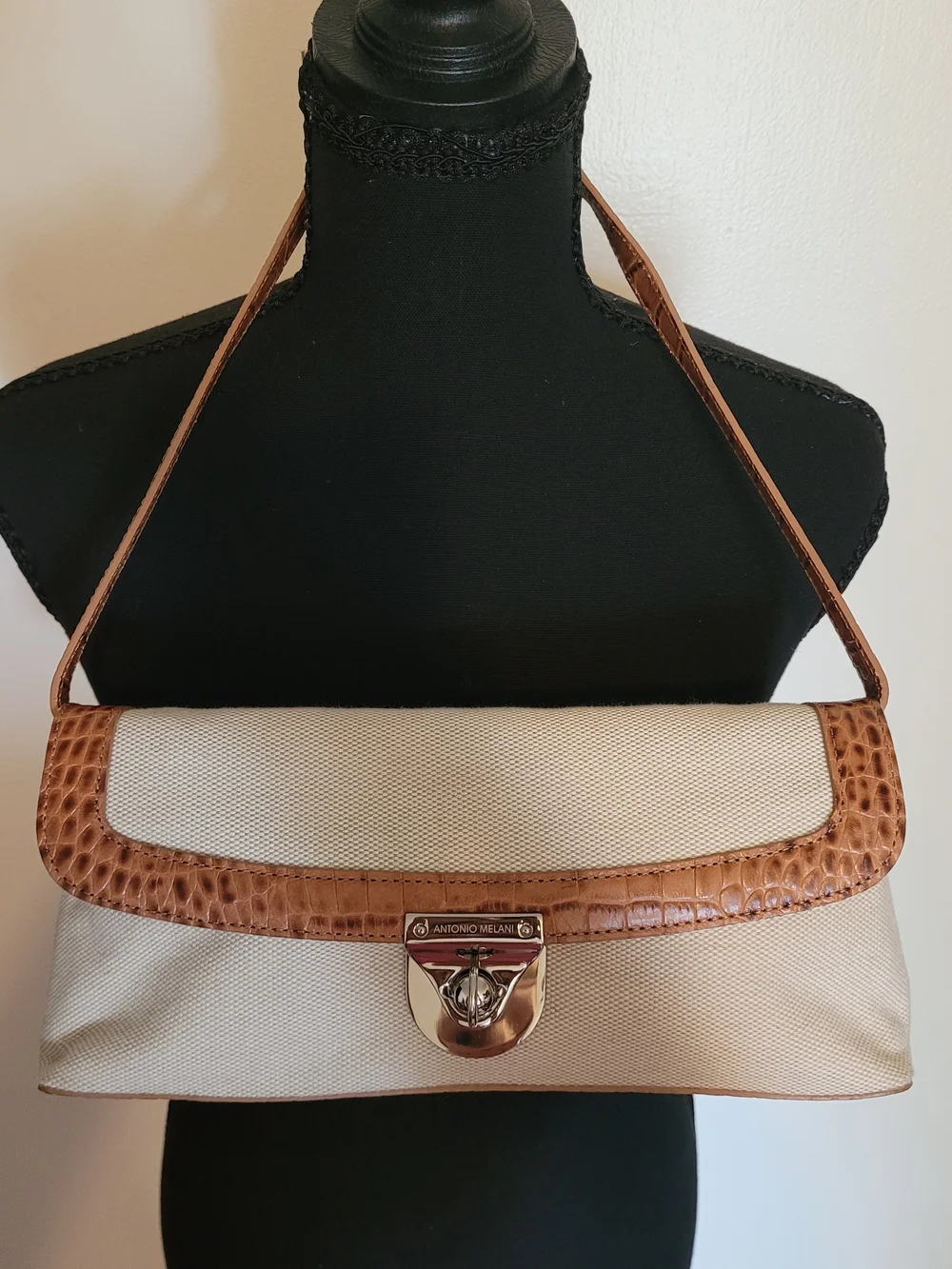 ANTONIO MELANI Cream Canvas Shoulder Bag with Brown Croc-Trim